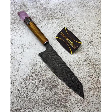EL YAPIMI DAMASCUS ÇELİK ZEYTİN AĞACI VE EPOKSİ KABZELİ SANTOKU ŞEF AŞÇI BIÇAĞI KOD:CKR717-02
